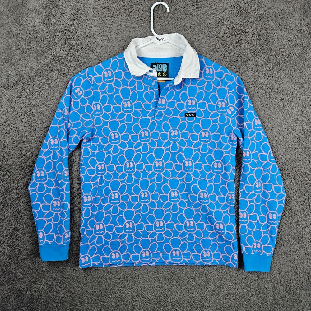 A-Lab Mens Blue Pink Floral Graphic Long Sleeve Rugby‎ Polo Shirt Medium